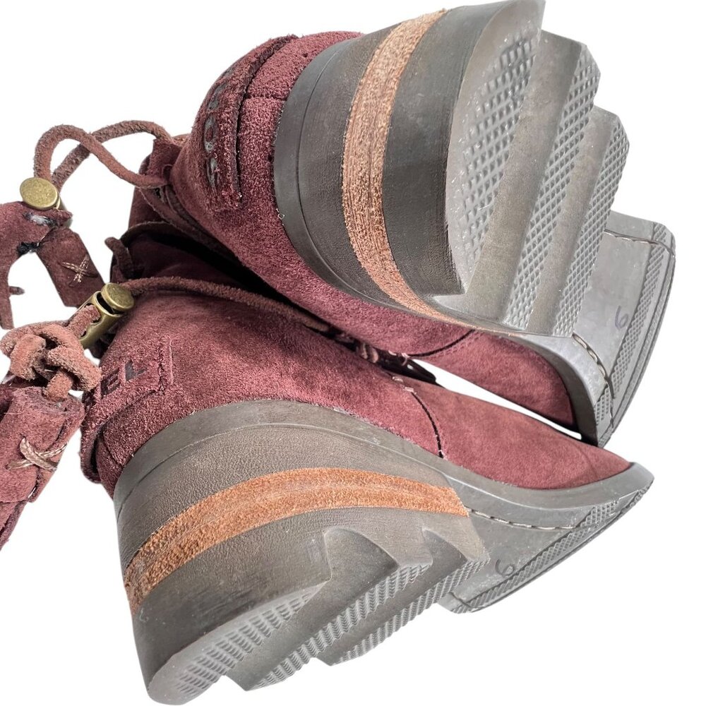 Sorel Womens Burgundy Suede Ankle Boots Wraparound Tassel Laces Low Block Heel - Picture 13 of 16